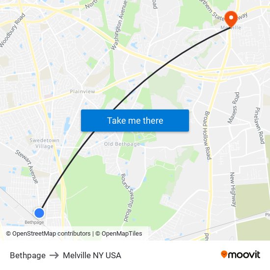 Bethpage to Melville NY USA map