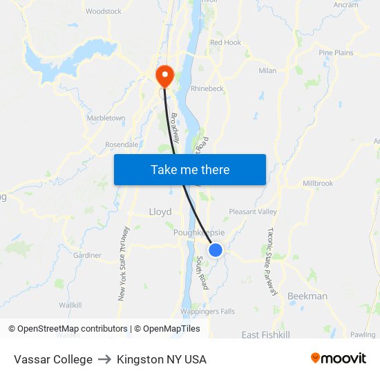 Vassar College to Kingston NY USA map