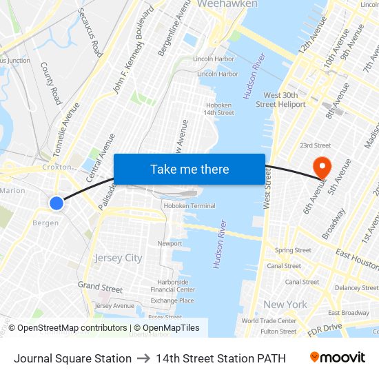 Journal Square Station to 14th Street Station PATH map