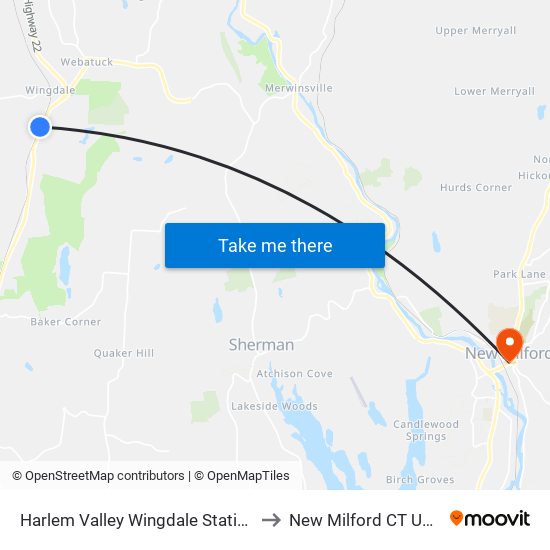 Harlem Valley Wingdale Station to New Milford CT USA map