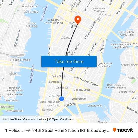 1 Police Plaza to 34th Street Penn Station IRT Broadway Seventh Avenue Line map
