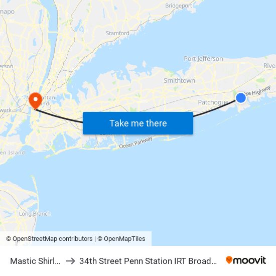 Mastic Shirley Station to 34th Street Penn Station IRT Broadway Seventh Avenue Line map