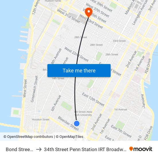 Bond Street Theatre to 34th Street Penn Station IRT Broadway Seventh Avenue Line map