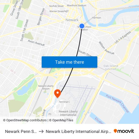 Newark Penn Station to Newark Liberty International Airport Station map