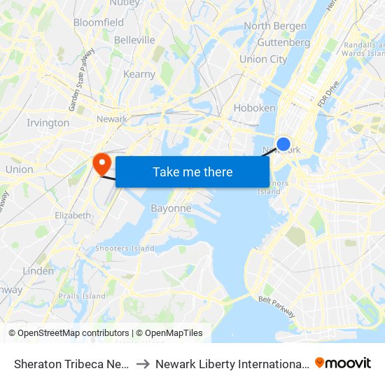 Sheraton Tribeca New York Hotel to Newark Liberty International Airport Station map