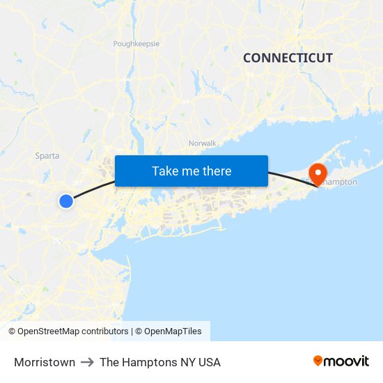 Morristown to The Hamptons NY USA map