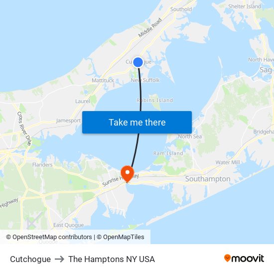 Cutchogue to The Hamptons NY USA map