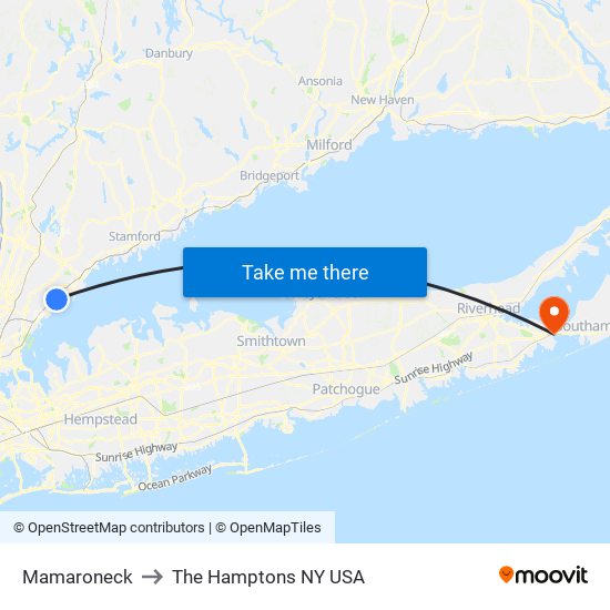 Mamaroneck to The Hamptons NY USA map