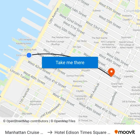 Manhattan Cruise Parking to Hotel Edison Times Square New York map