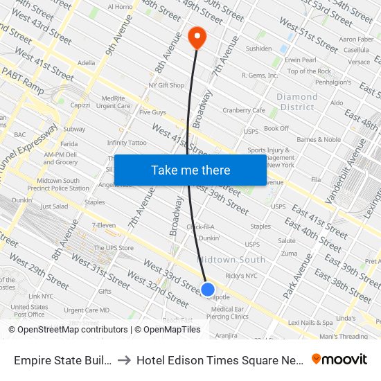 Empire State Building to Hotel Edison Times Square New York map