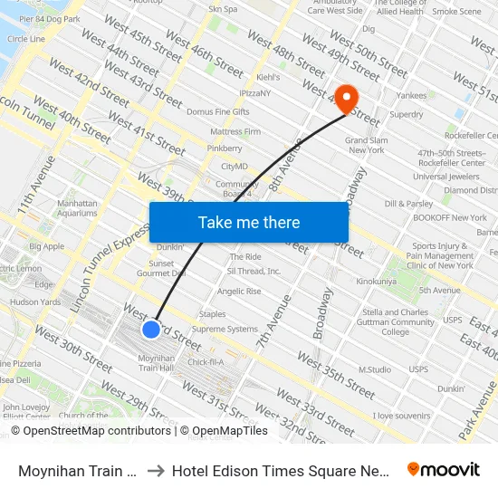 Moynihan Train Hall to Hotel Edison Times Square New York map