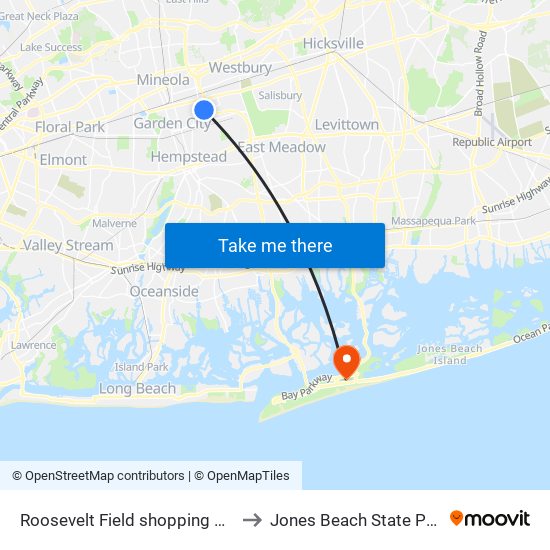 Roosevelt Field shopping mall to Jones Beach State Park map