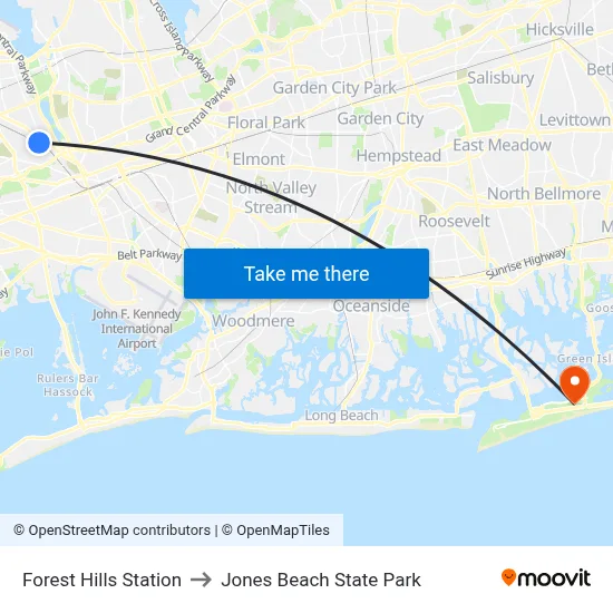 Forest Hills Station to Jones Beach State Park map