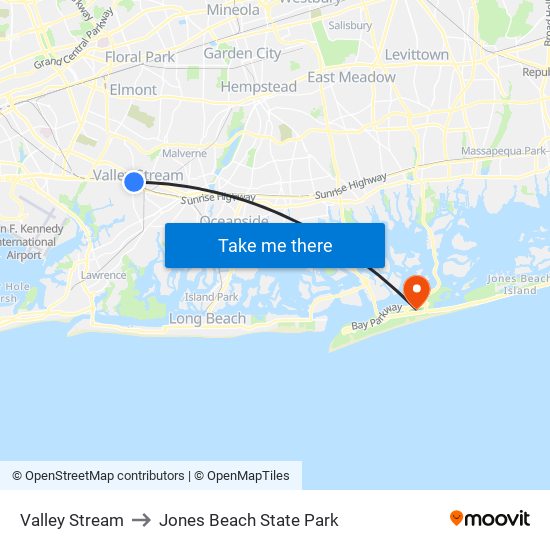 Valley Stream to Jones Beach State Park map