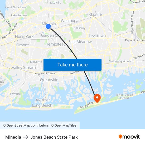 Mineola to Jones Beach State Park map