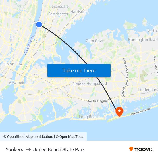 Yonkers to Jones Beach State Park map