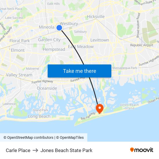 Carle Place to Jones Beach State Park map