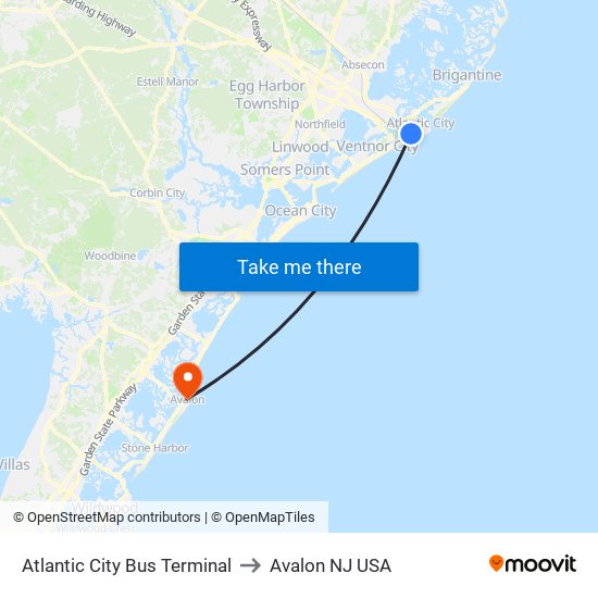 Atlantic City Bus Terminal to Avalon NJ USA map