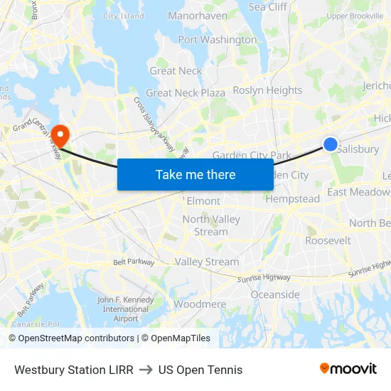 Westbury Station LIRR to US Open Tennis map