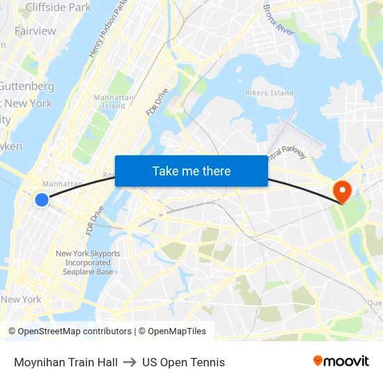 Moynihan Train Hall to US Open Tennis map
