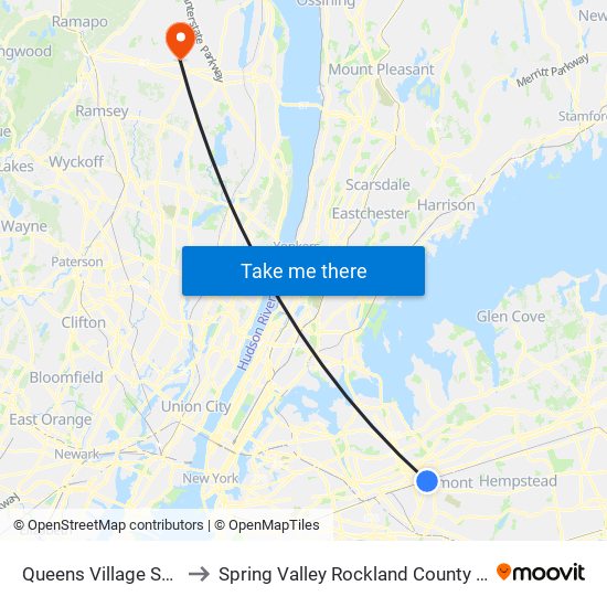 Queens Village Station to Spring Valley Rockland County NY USA map