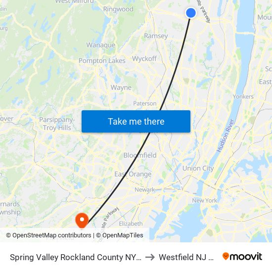 Spring Valley Rockland County NY USA to Westfield NJ USA map