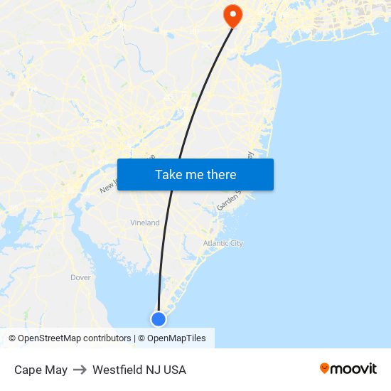 Cape May to Westfield NJ USA map