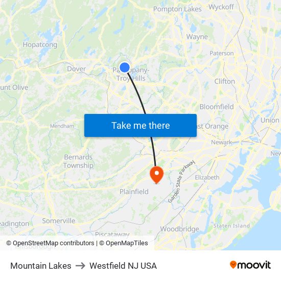 Mountain Lakes to Westfield NJ USA map
