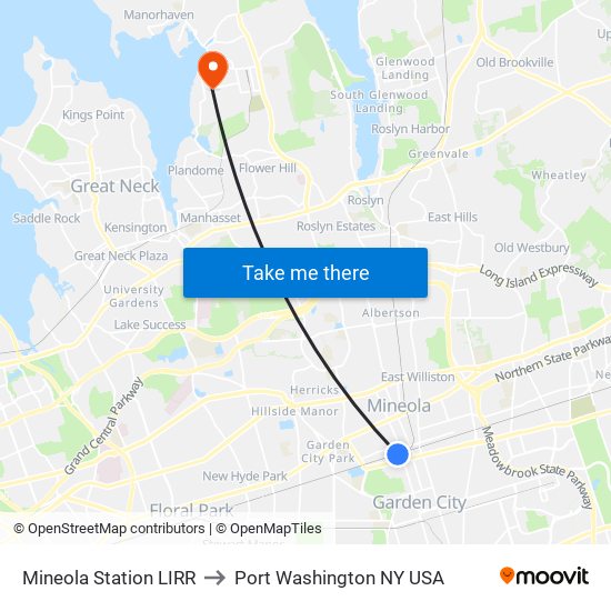 Mineola Station LIRR to Port Washington NY USA map