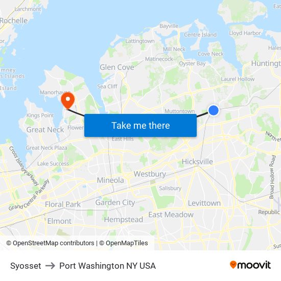 Syosset to Port Washington NY USA map