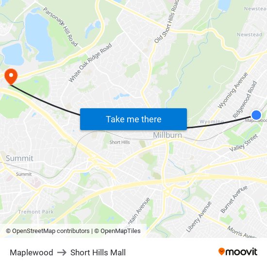 Maplewood to Short Hills Mall map