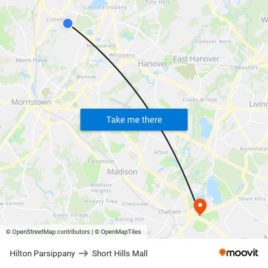 Hilton Parsippany to Short Hills Mall map