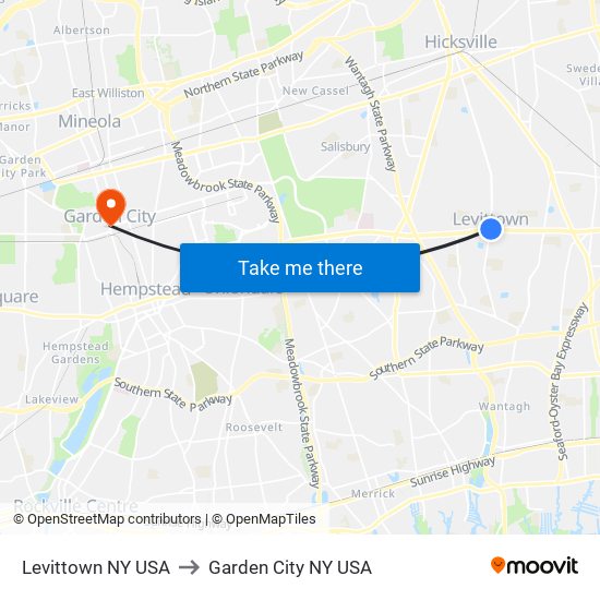 Levittown NY USA to Garden City NY USA map