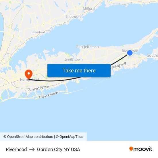 Riverhead to Garden City NY USA map