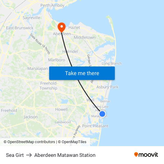 Sea Girt to Aberdeen Matawan Station map