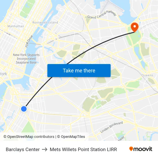Barclays Center to Mets Willets Point Station LIRR map