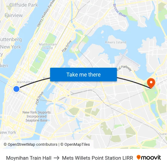 Moynihan Train Hall to Mets Willets Point Station LIRR map