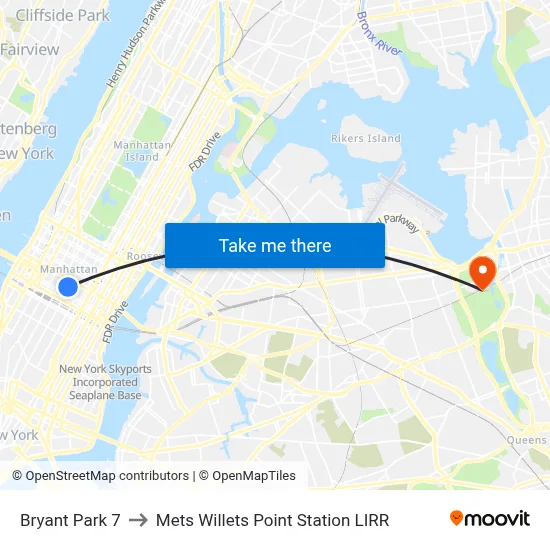 Bryant Park 7 to Mets Willets Point Station LIRR map