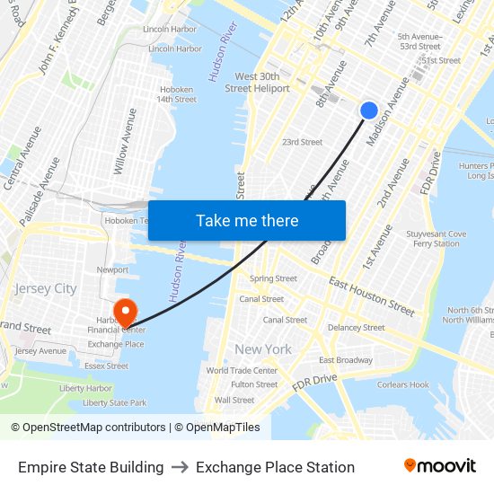 Empire State Building to Exchange Place Station map