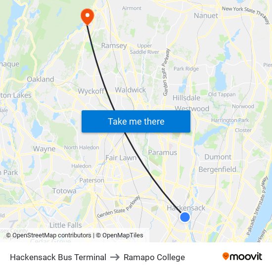 Hackensack Bus Terminal to Ramapo College map