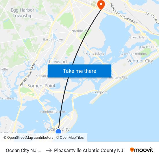 Ocean City NJ USA to Pleasantville Atlantic County NJ USA map