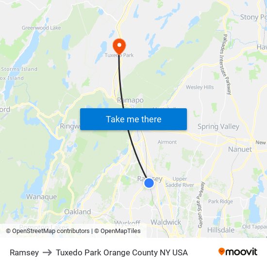 Ramsey to Tuxedo Park Orange County NY USA map