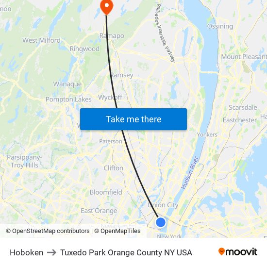 Hoboken to Tuxedo Park Orange County NY USA map