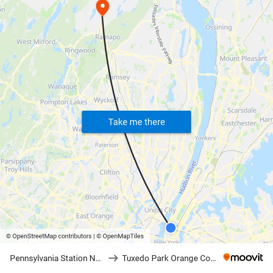 Pennsylvania Station New York City to Tuxedo Park Orange County NY USA map