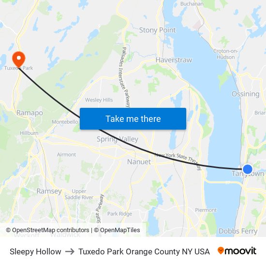 Sleepy Hollow to Tuxedo Park Orange County NY USA map