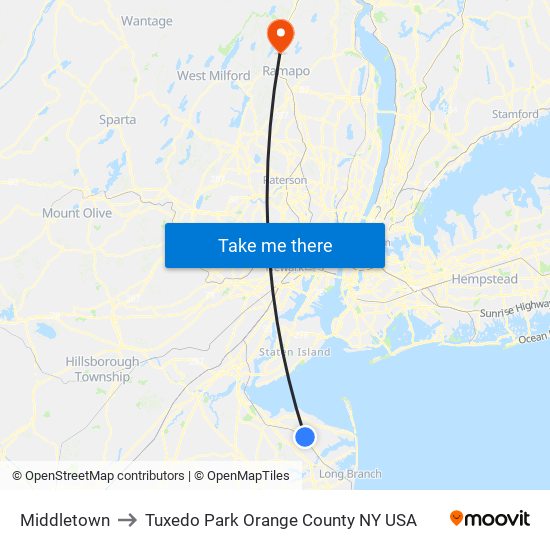Middletown to Tuxedo Park Orange County NY USA map