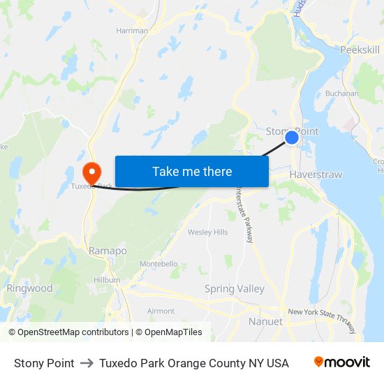 Stony Point to Tuxedo Park Orange County NY USA map