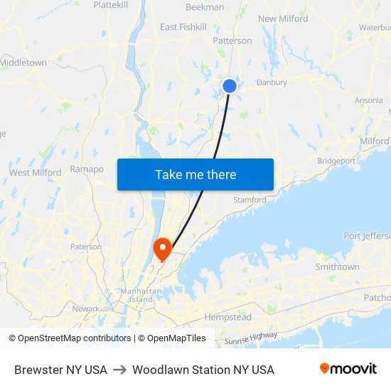 Brewster NY USA to Woodlawn Station NY USA map