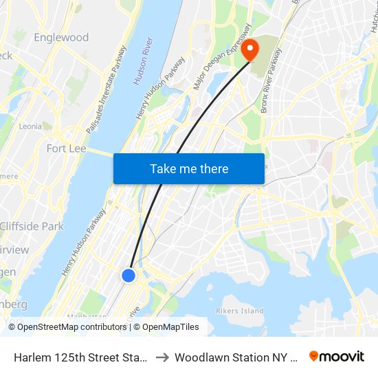 Harlem 125th Street Station to Woodlawn Station NY USA map