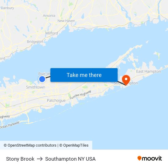 Stony Brook to Southampton NY USA map